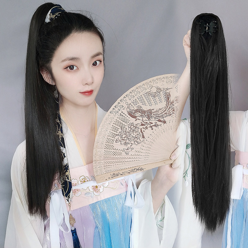古装假发虎口抓夹马尾直发女爪夹式汉男士古风马尾