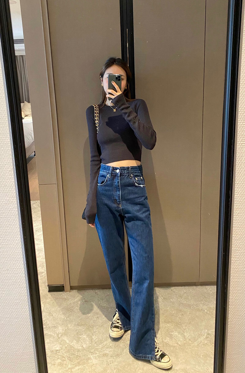 simple 粗腿克星来报道 复古磨毛 高腰微喇开叉牛仔拖地裤长裤女