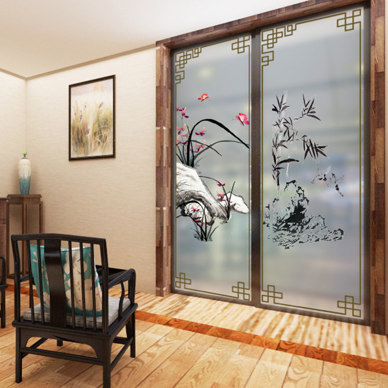一折玻璃窗花贴纸 装饰 中国风_梅兰竹菊中式玻璃贴纸定制客厅中国风