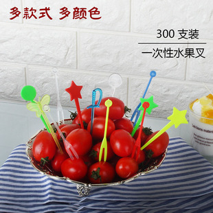 特价一次性水果叉彩色透明OK叉子蛋糕叉食品级塑料果叉300支