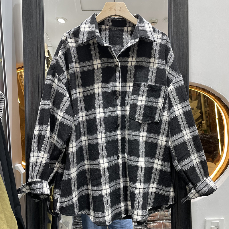 黑白格子衬衫女秋冬新复古港味减龄内搭叠穿上衣加厚磨毛休闲衬衣