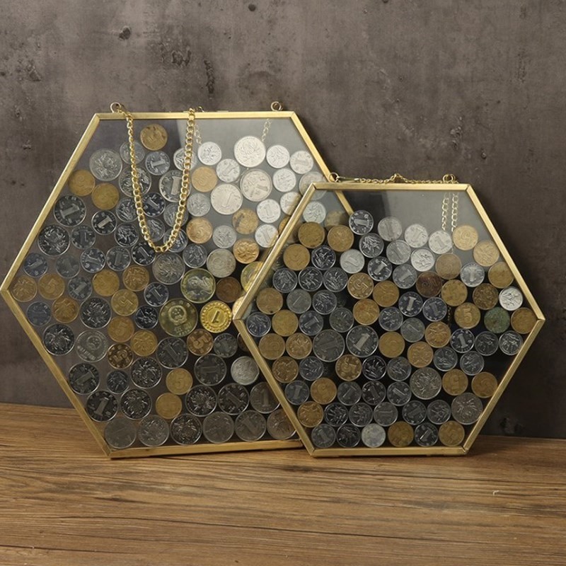 五角硬币喜字相框六边形硬币相框网红小红书推荐玻璃收藏挂墙装饰