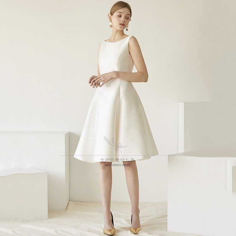 新款缎面无袖轻婚纱宴会活动小晚礼服裙生日派对成人礼毕业晚会夏