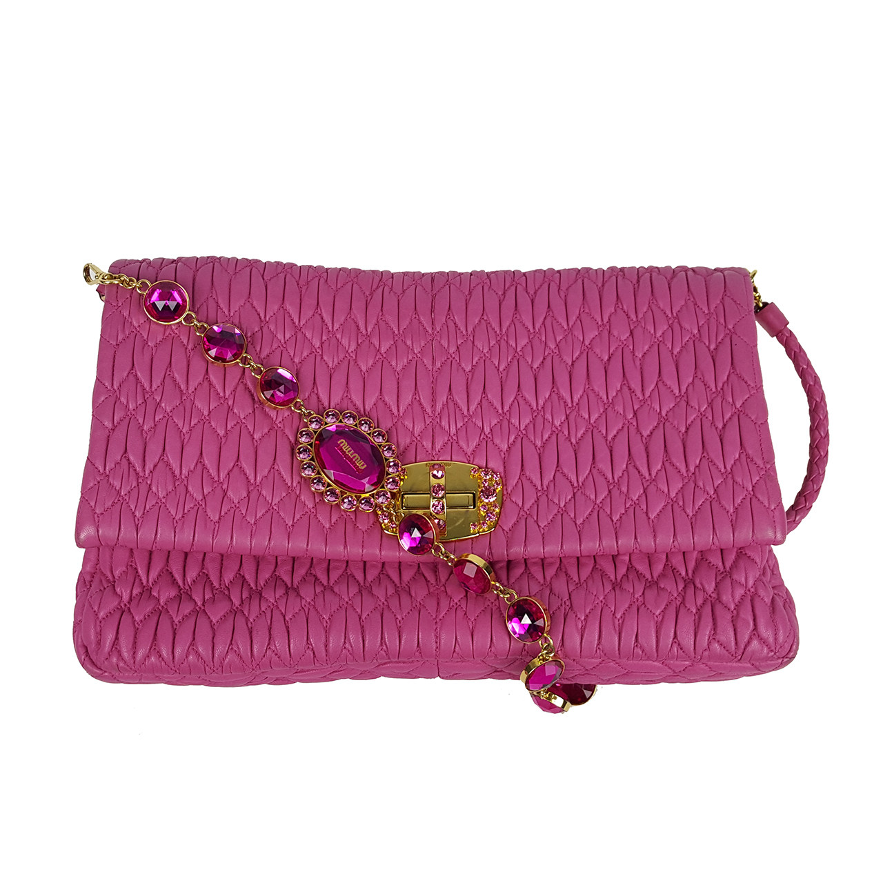 [9.0新]缪缪miumiu女士羊皮玫红色单肩手拿包kd171020016