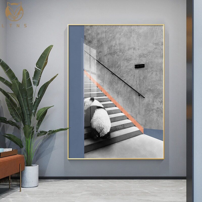 现代简约玄关入户门装饰画熊猫客厅卧室过道挂画动物楼梯间壁画