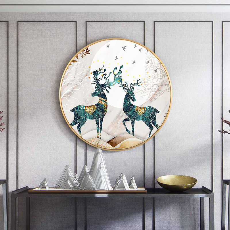 玄关装饰画发财鹿轻奢风背景墙壁画卧室书房挂画餐厅晶瓷圆形画