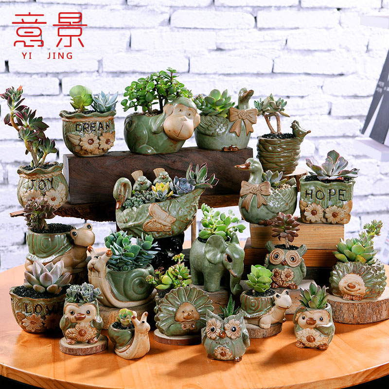 意景多肉花盆陶瓷批发清仓包邮创意大号带托盘吊兰绿萝肉肉植物盆