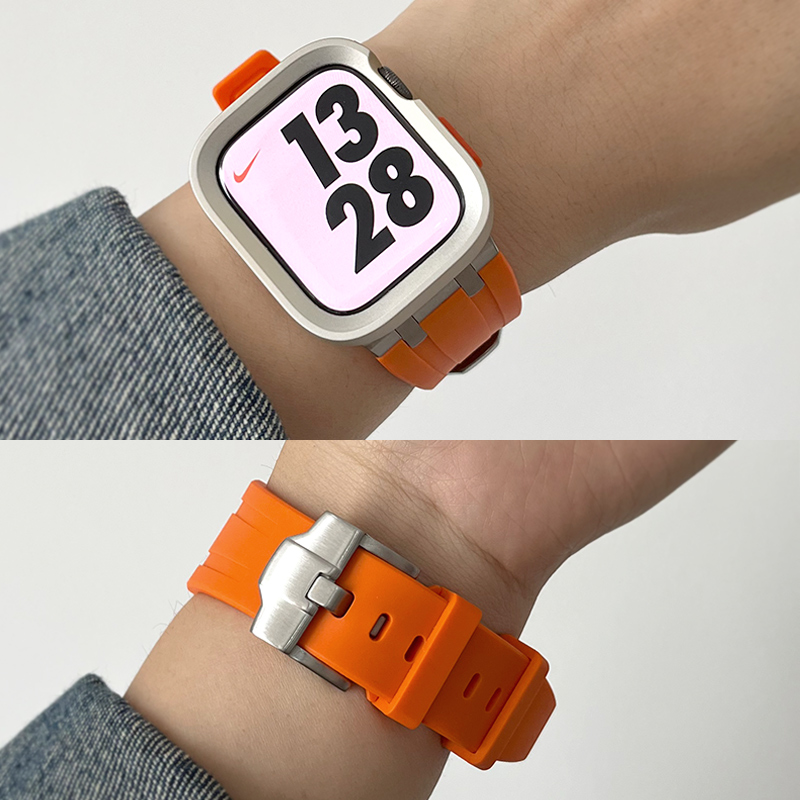 JUNMI适用于苹果手表iwatch98FKM氟橡胶表带apple watch7654321se代休闲运动透气表带41/45mm男女款半包软壳