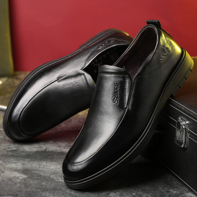 皮鞋男士中年系带_夏秋季商务休闲皮鞋男装中年爸爸鞋不系带无带没