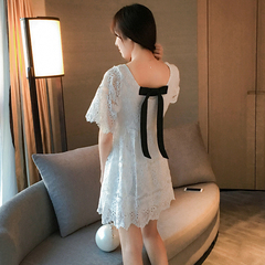 2016夏季新款韩版中长款镂空蝴蝶结白色蕾丝连衣裙气质高腰A字裙