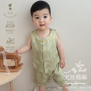 modomoma儿童套装夏季国风新中式宝宝无袖上衣短裤两件套小童衣服