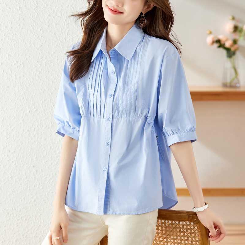 初影淡蓝色衬衫女短袖夏装设计感褶皱上衣宽松显瘦纯棉衬衣