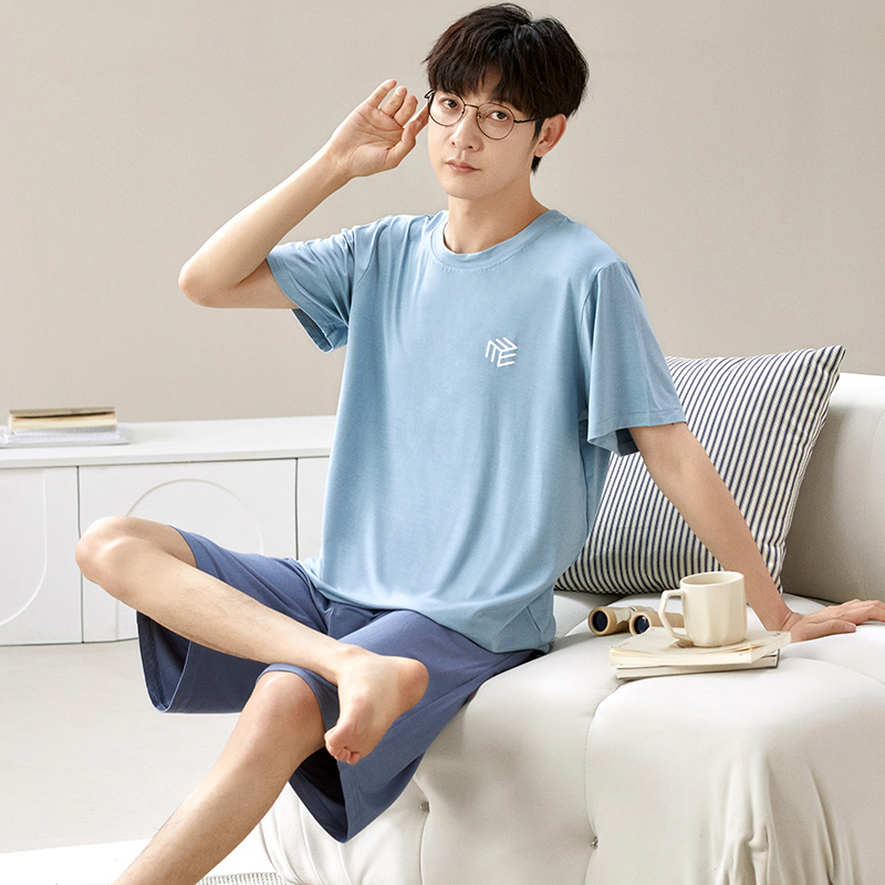 莫代尔睡衣男夏季短袖短裤两件套装宽