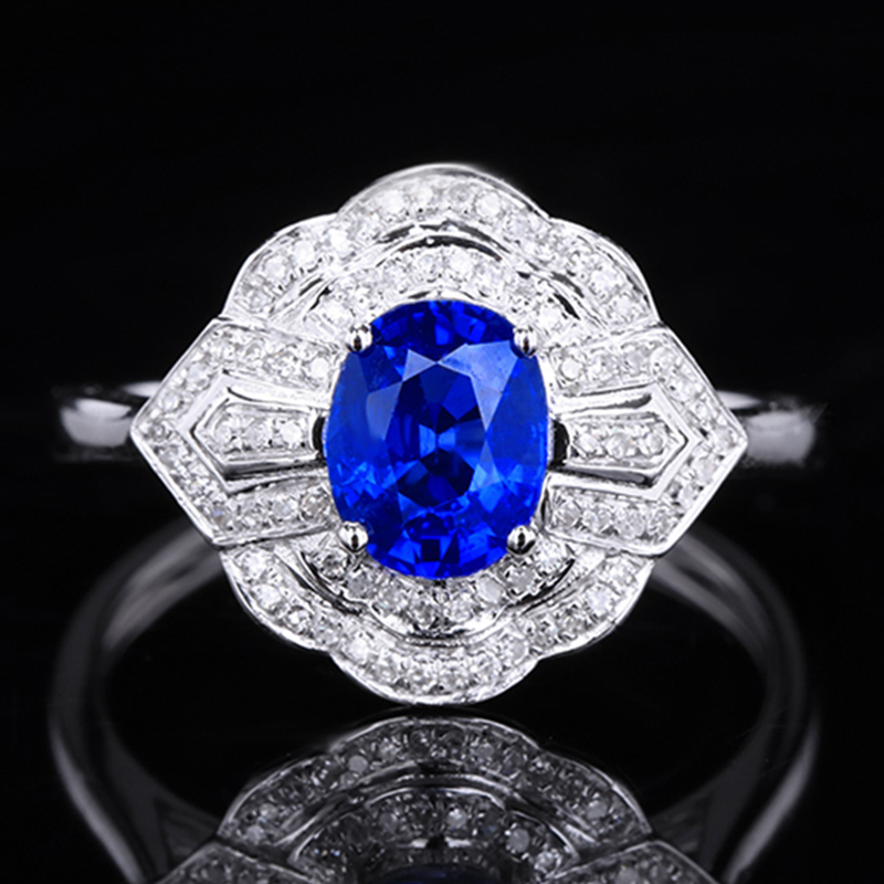 意禄珠宝1.3克拉天然蓝宝石戒指女18k金镶嵌钻石彩宝戒指首饰现货