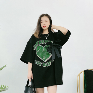 韩版chic慵懒风短袖卫衣裙女2021冬季新款重工设计宽松中长款T恤