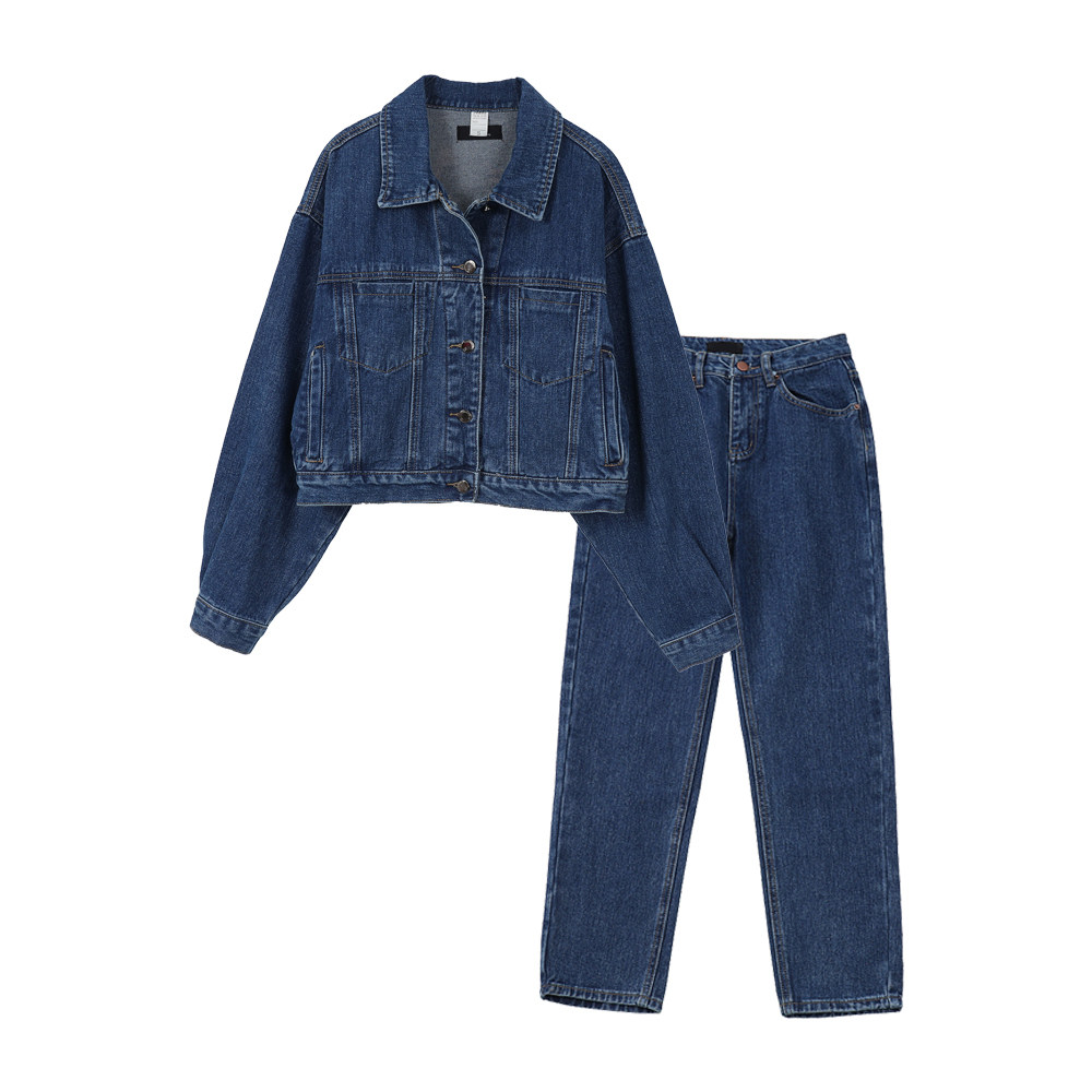 fortunee 炸街牛仔套装女ins潮水洗深色夹克外套 高腰显瘦小脚裤