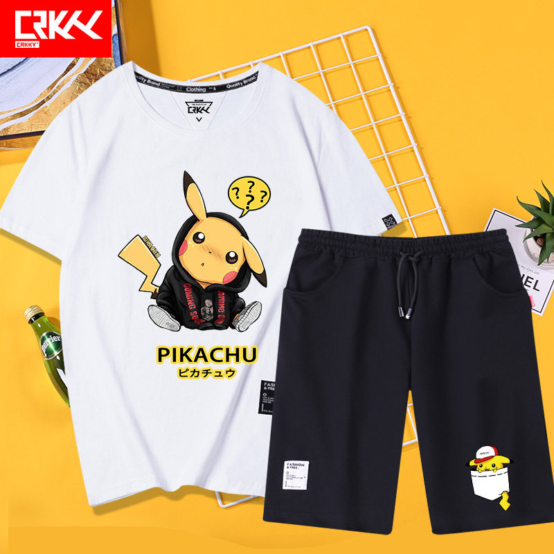 夏季皮卡丘动漫周边短袖t恤男短裤套