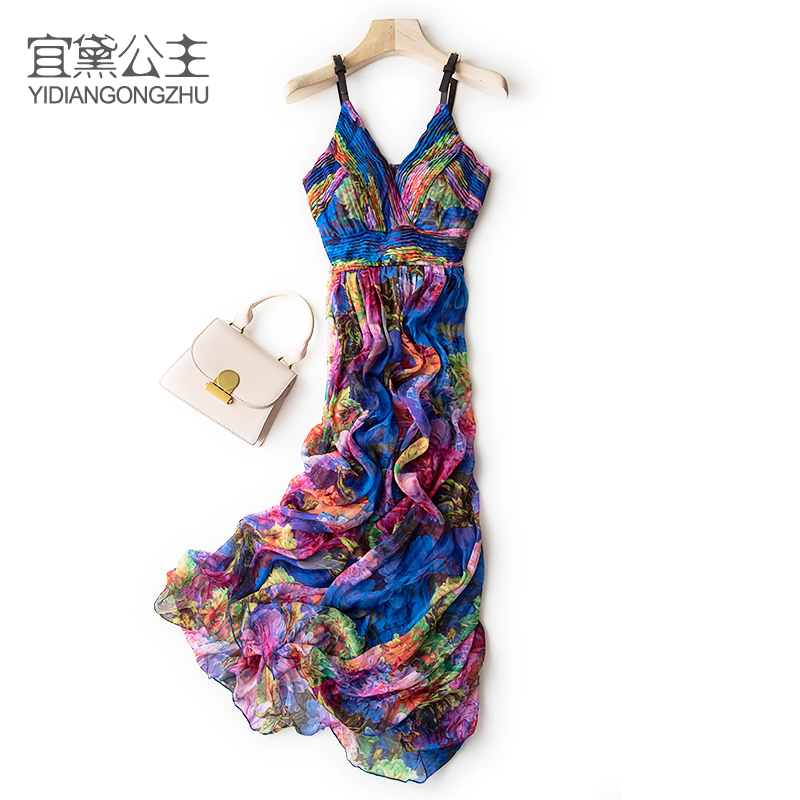 夏新款吊带修身真丝连衣裙波西米亚紫色印花优雅气质海边度假裙