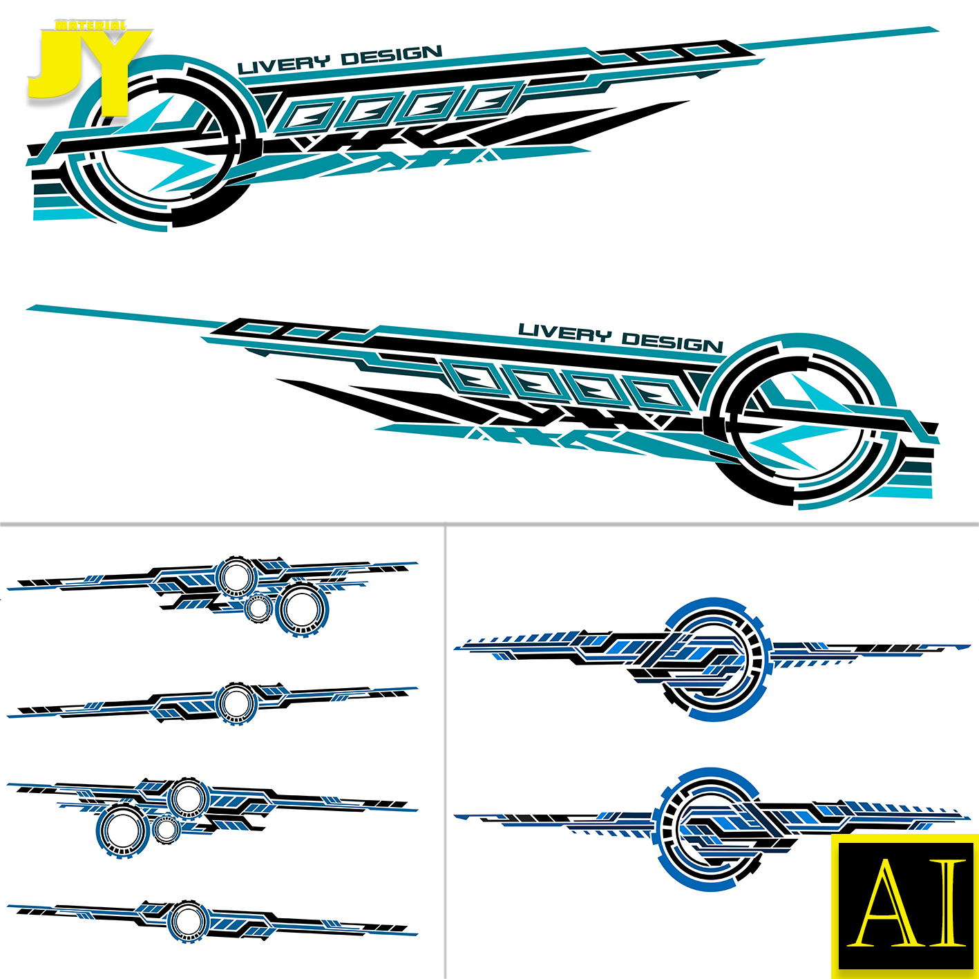 汽车摩托车炫酷动感科技拉花贴膜印花车身设计矢量图AI素材图