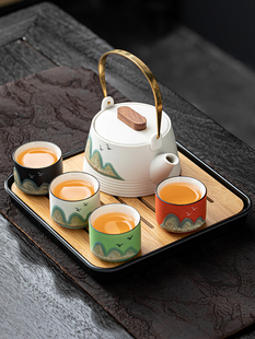 日式远山旅行功夫茶具家用茶盘一壶四杯简约过滤茶壶便携包小套装