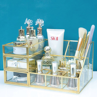 轻奢梳妆台桌面化妆品香水收纳盒玻璃化妆刷筒金边美甲工具置物盒