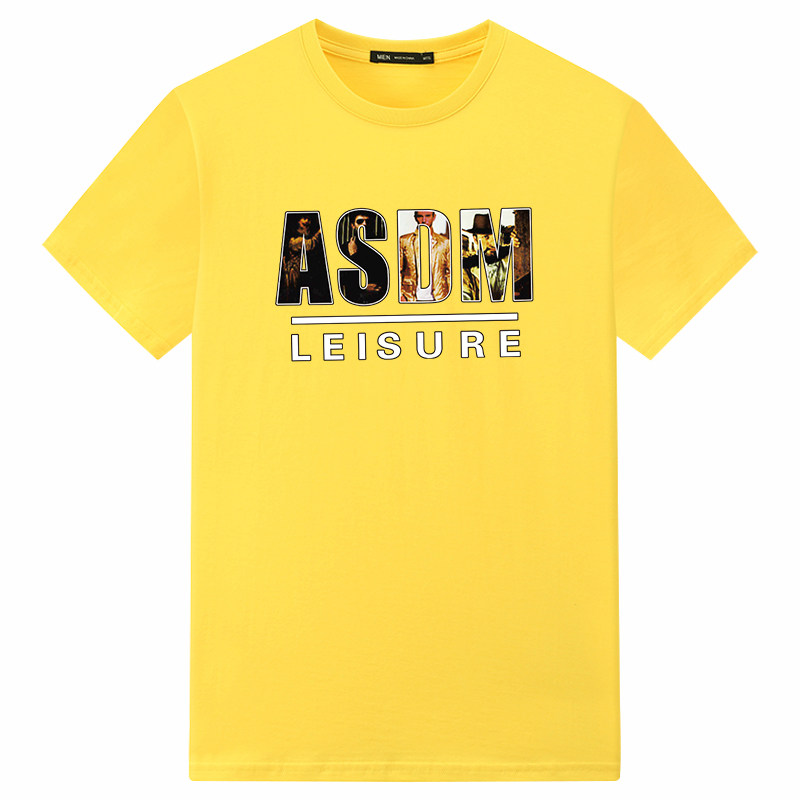 短袖t恤男浅亮黄色英文字母体桖桖血体血土丅夏衣男衫短衫上衣服