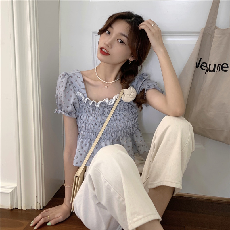 实拍实价！甜美短款收腰碎花雪纺衬衫女法式泡泡袖蕾丝小衫