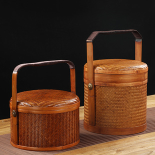 纯手工竹编大漆提篮 双层食盒七子茶饼收纳盒 中式仿古带盖竹篮子