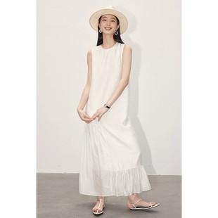 2024春季新款优雅气质小圆领白色连衣裙女修身显瘦法式天丝鱼尾裙