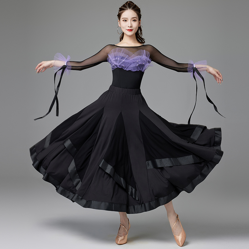国标舞裙新款2024表演出摩登华尔兹交谊际舞蹈飘带上衣大摆半身裙
