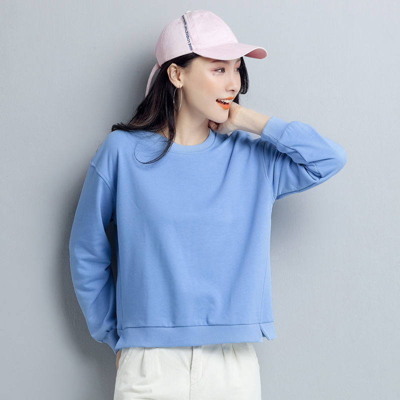 蓝色套头无帽卫衣2022新款女秋冬款宽松韩版长袖圆领加绒加厚上衣