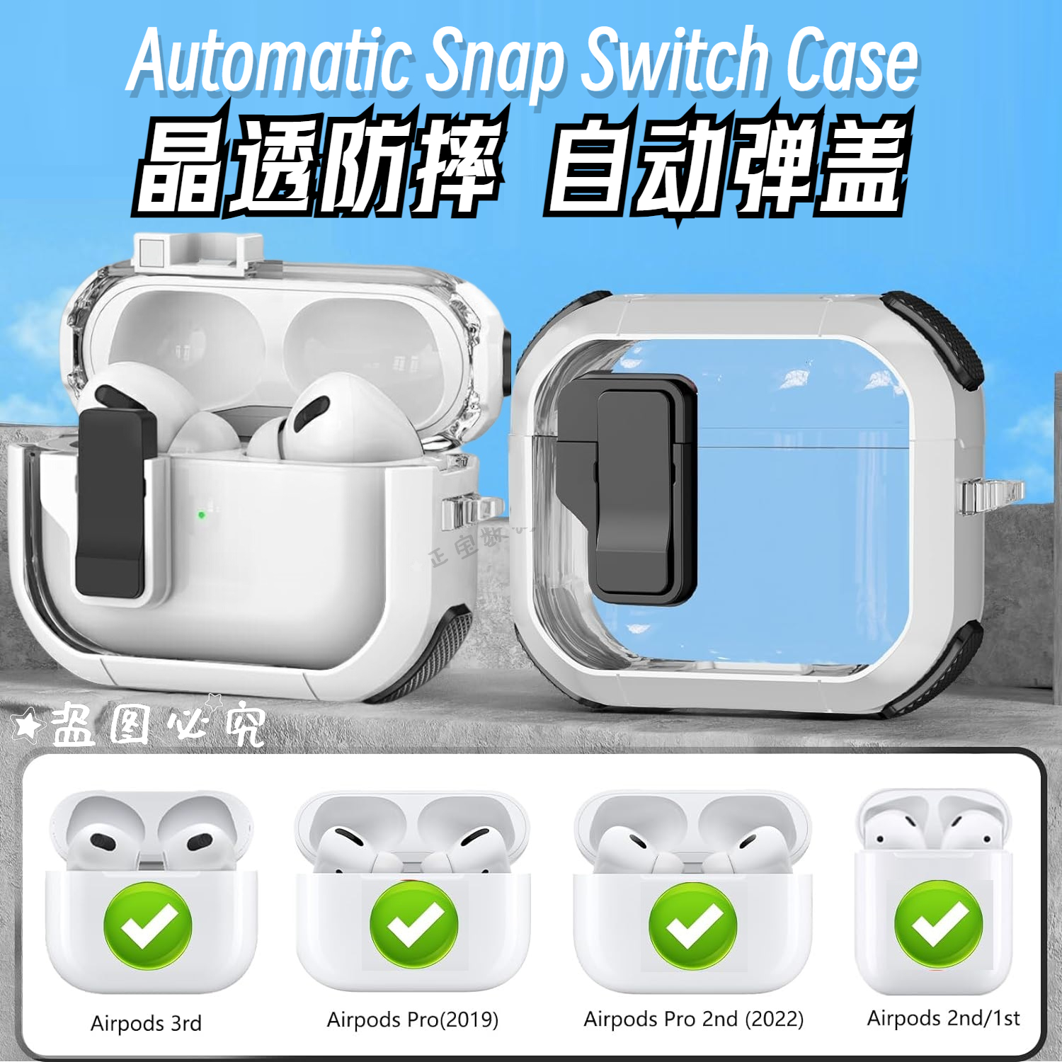 适用AirPods Pro2耳机保护套自动弹盖Pro二代C口透明壳AirPods3锁扣式保护壳苹果三代无线蓝牙耳机套二代软壳