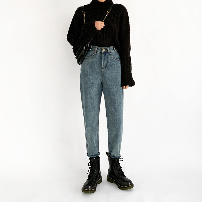 显瘦裤子女大腿粗秋冬老爹裤梨形身材裤子高腰宽松大码九分牛仔裤