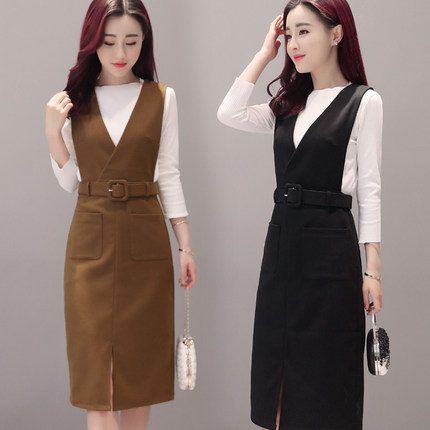 2017年秋装新款长袖收腰名媛职业两件套韩版背带裙气质时尚套装女