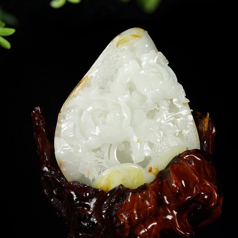 愚石苑新疆和田玉羊脂白玉摆件花开富贵款籽料大摆件天然1公斤上