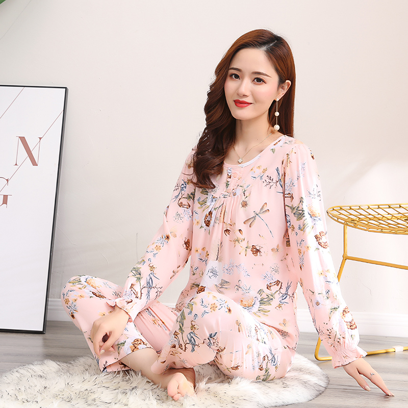 春季绵绸睡衣女长袖套装中年妈妈棉绸睡衣女家居服时尚长款可外穿