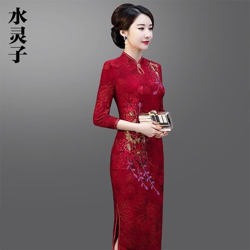 旗袍女改良版连衣裙长袖中国风长款气质胖婆婆婚宴装婚礼妈妈礼服