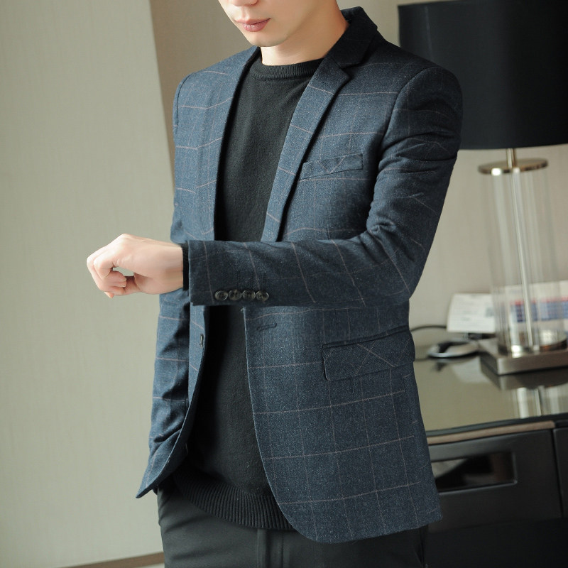 格子小西装男士韩版潮流休闲套装帅气西服外套春秋冬修身上衣单件