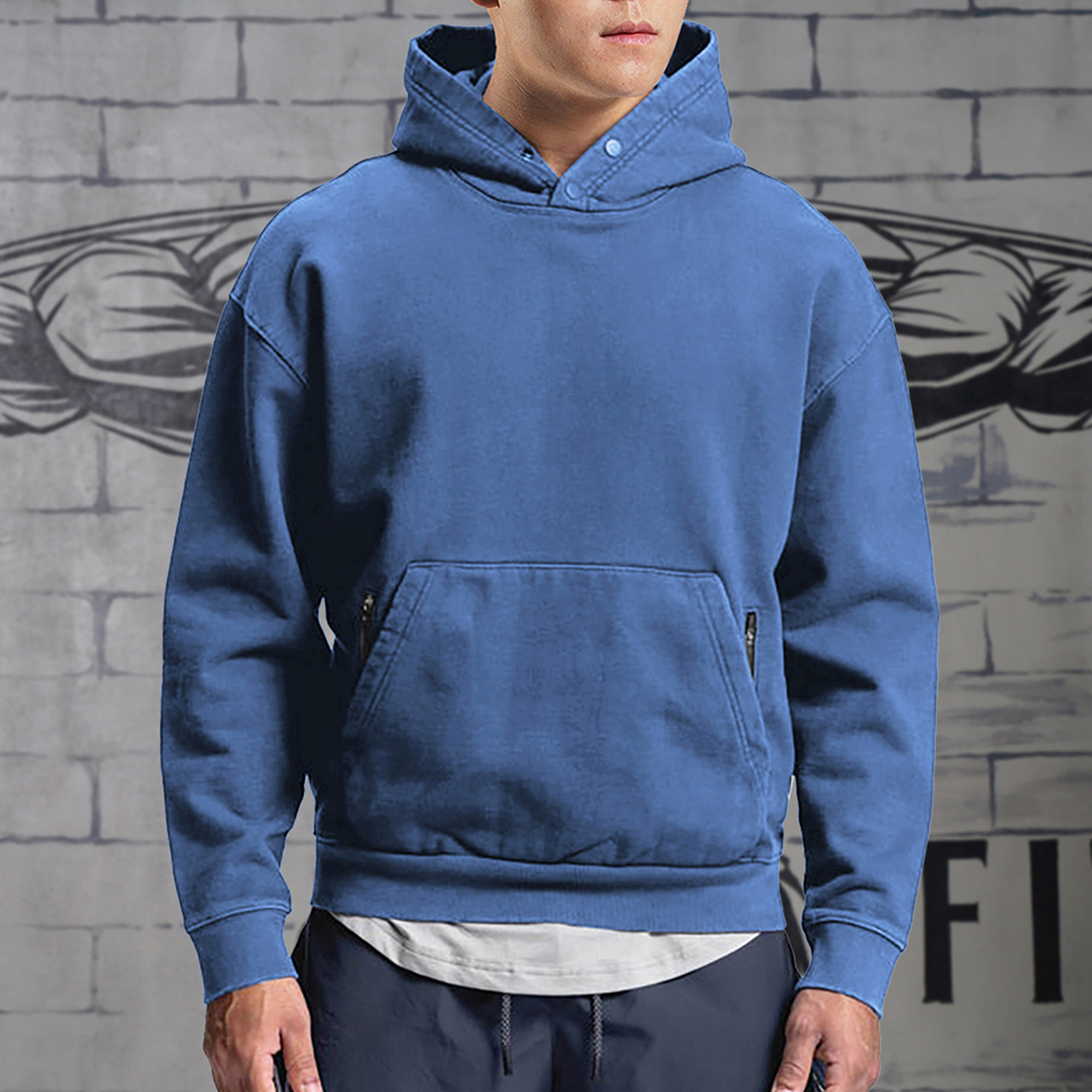 makn秋季美式连帽卫衣男长袖西兰花套头落肩宽松纯色健身运动外套