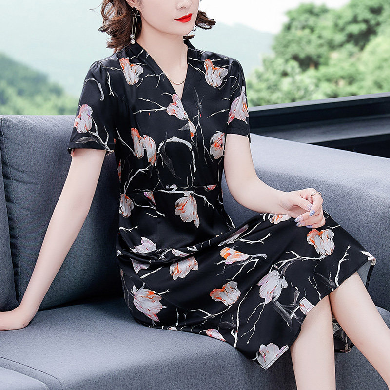 中年女装夏装真丝连衣裙