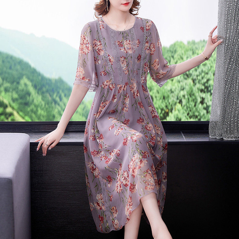 大码女装贵夫人中年妈妈气质夏装高端真丝桑蚕丝连衣裙子40岁高贵