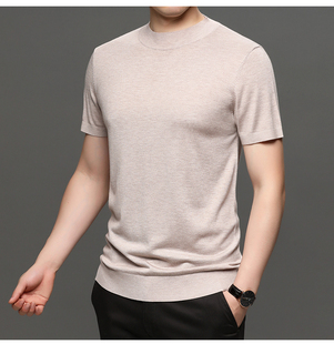 短袖毛衣男士半袖针织衫羊绒秋冬季半高领羊毛衫男半截袖桑蚕丝潮