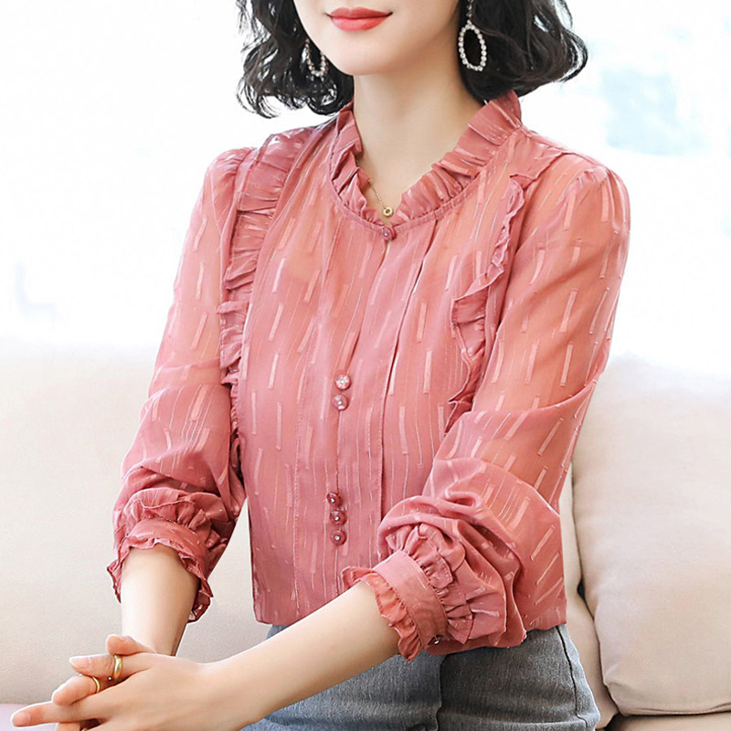 春季雪纺上衣女2021新款时尚超仙木耳边内搭小衫洋气长袖衬衫显瘦