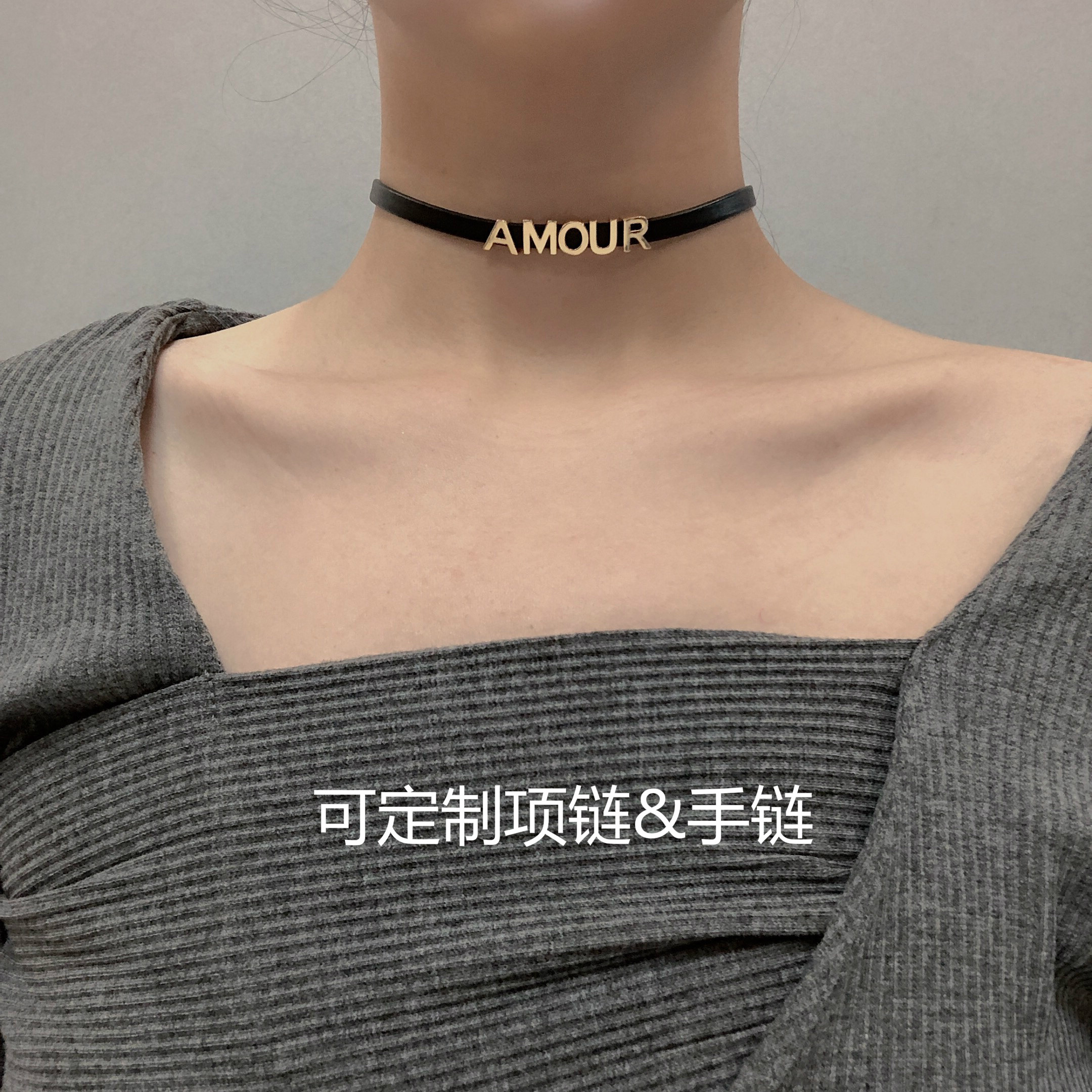 14k金定制姓名字母项链choker锁骨链女短款颈链黑色项圈颈带网红