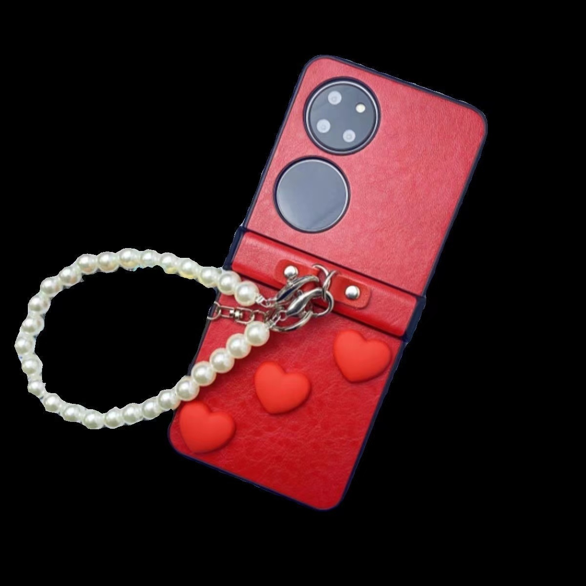 新款红色小爱心适用于华为p50 pocket手机壳新款龙年挂件手提挂绳链条p60折叠屏皮质保护套pockets可爱少女