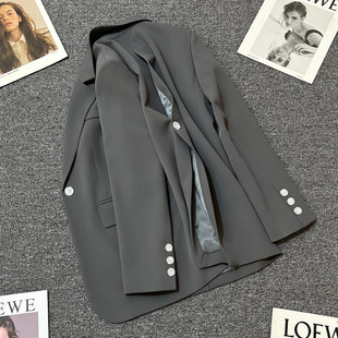 香港深灰色春秋新款西装外套女年设计感后背一粒扣气质开叉西服潮