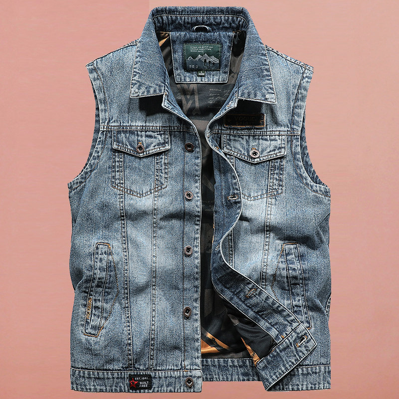 简顿大码纯棉宽松牛仔马甲男士多袋工装马夹男大码无袖翻领背心潮
