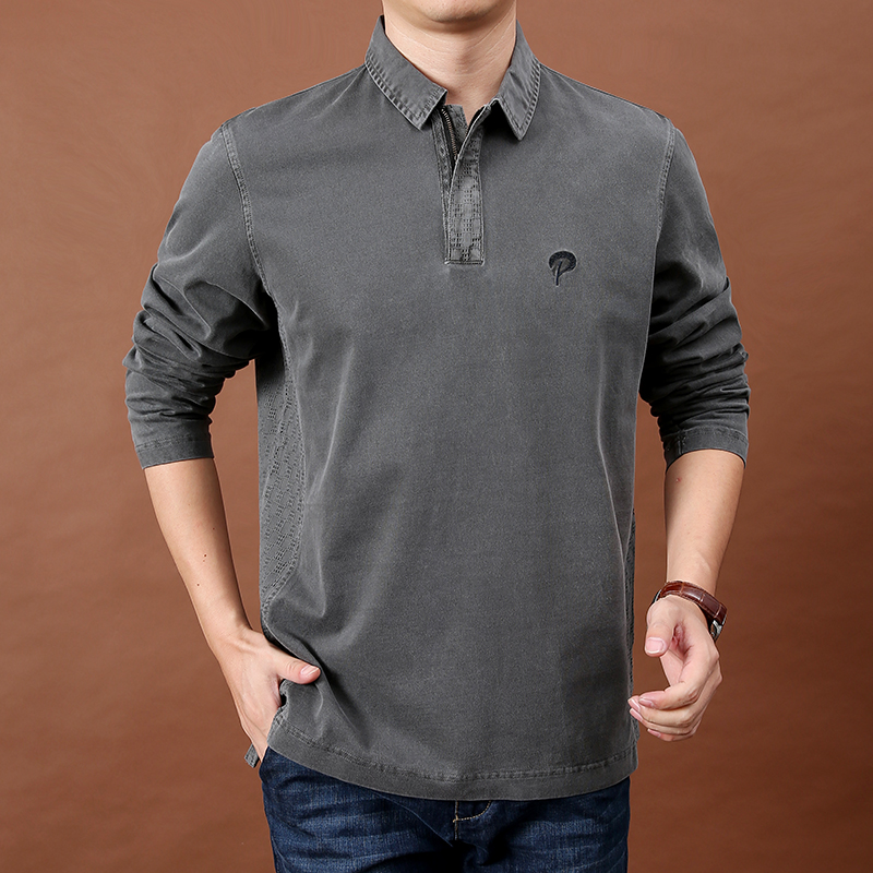 水洗纯棉翻领长袖t恤男士春秋季商务休闲宽松体恤上衣polo衫男潮