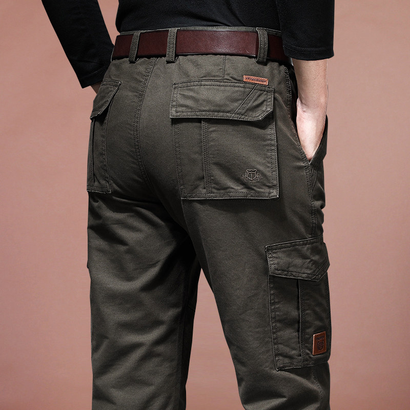 多口袋宽松工装裤男士休闲裤秋冬季加厚水洗纯棉军装多袋裤子男潮