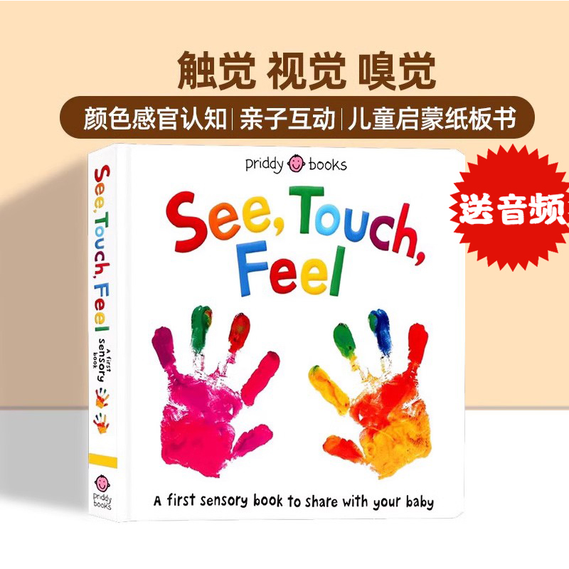 See Touch Feel 英文原版绘本触觉视觉嗅觉感官认知触摸书 A First Sensory Book幼儿童早教启蒙英语读物亲子互动游戏书内附小镜子